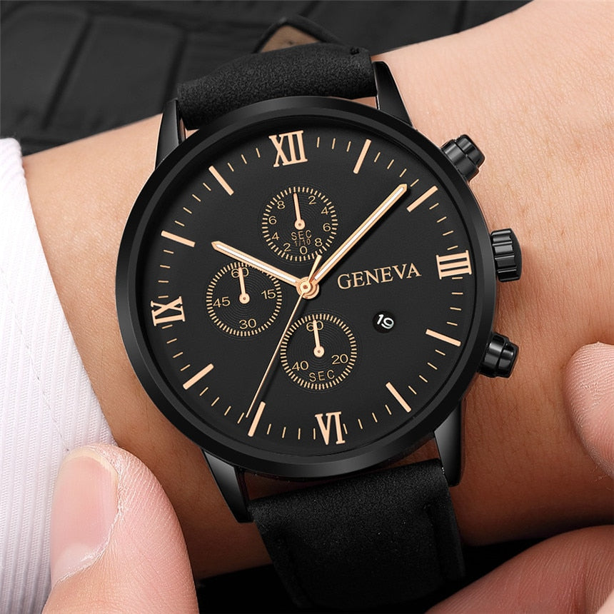 Leather strap men wristwatch